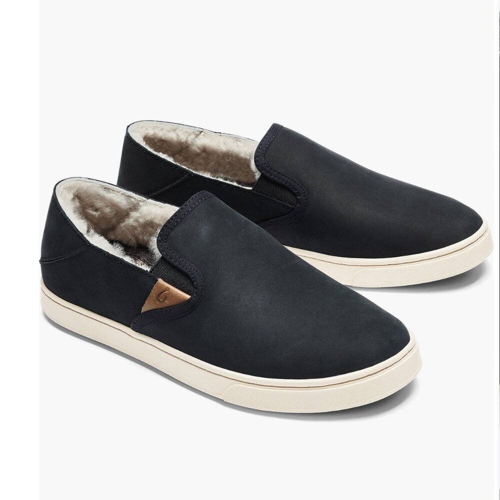 OluKai Pehuea Heu (W 8) - Black Waterproof Leather & Shearling Slip-On